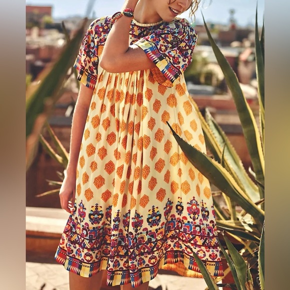 Anthropologie TANVI KEDIA S Caltha Swing DressYellow Red Beaded Boho - Picture 4 of 11